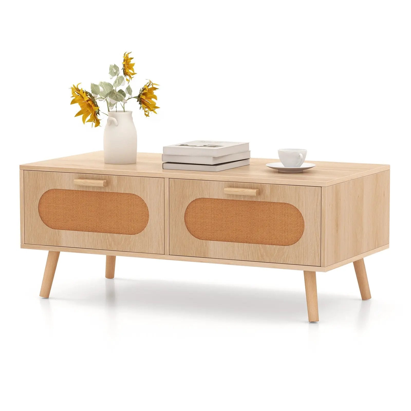 Rattan Coffee Table Mid Century Modern Center Table with 2 Storage Drawers-Natural by DirectDeals