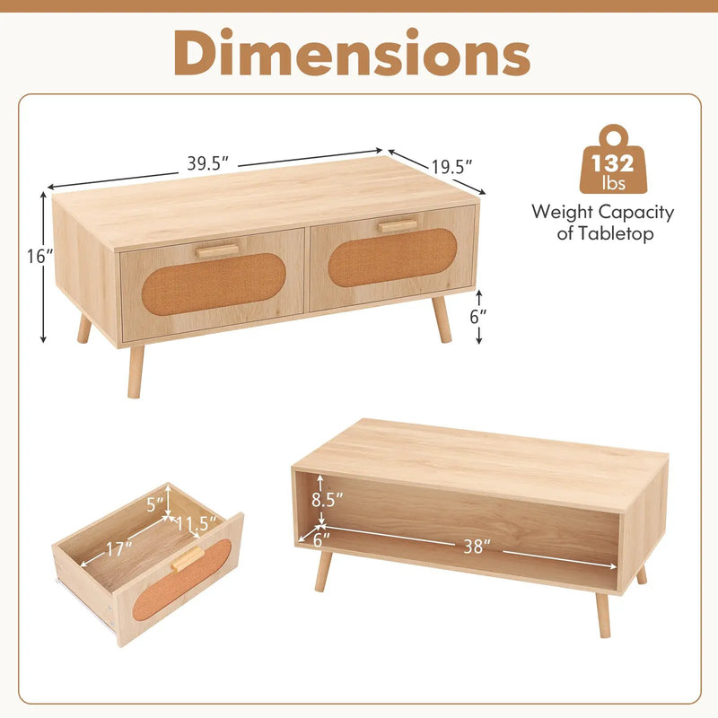 Rattan Coffee Table Mid Century Modern Center Table with 2 Storage Drawers-Natural by DirectDeals