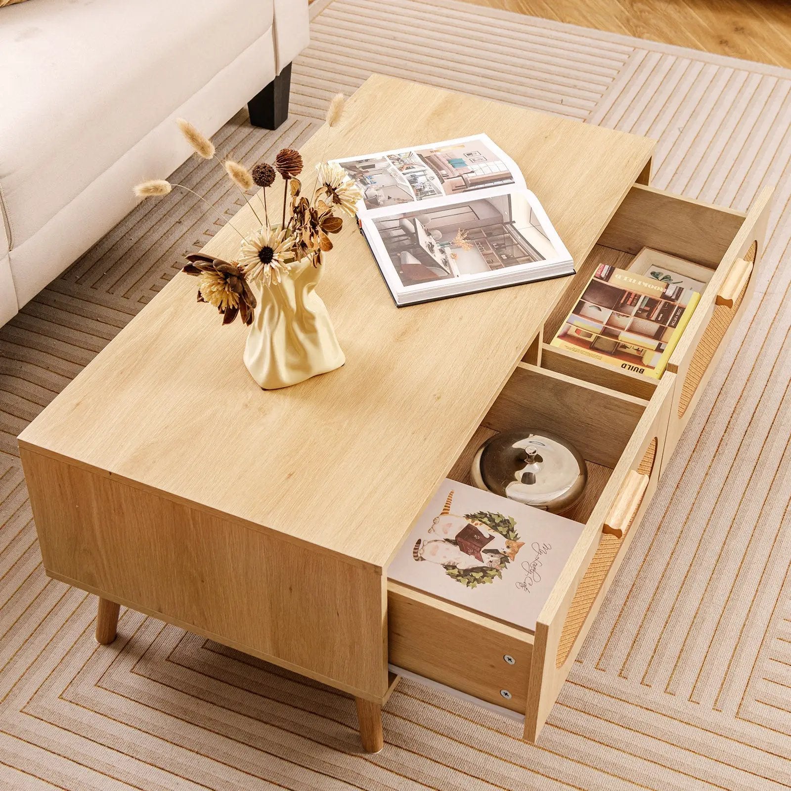 Rattan Coffee Table Mid Century Modern Center Table with 2 Storage Drawers-Natural by DirectDeals