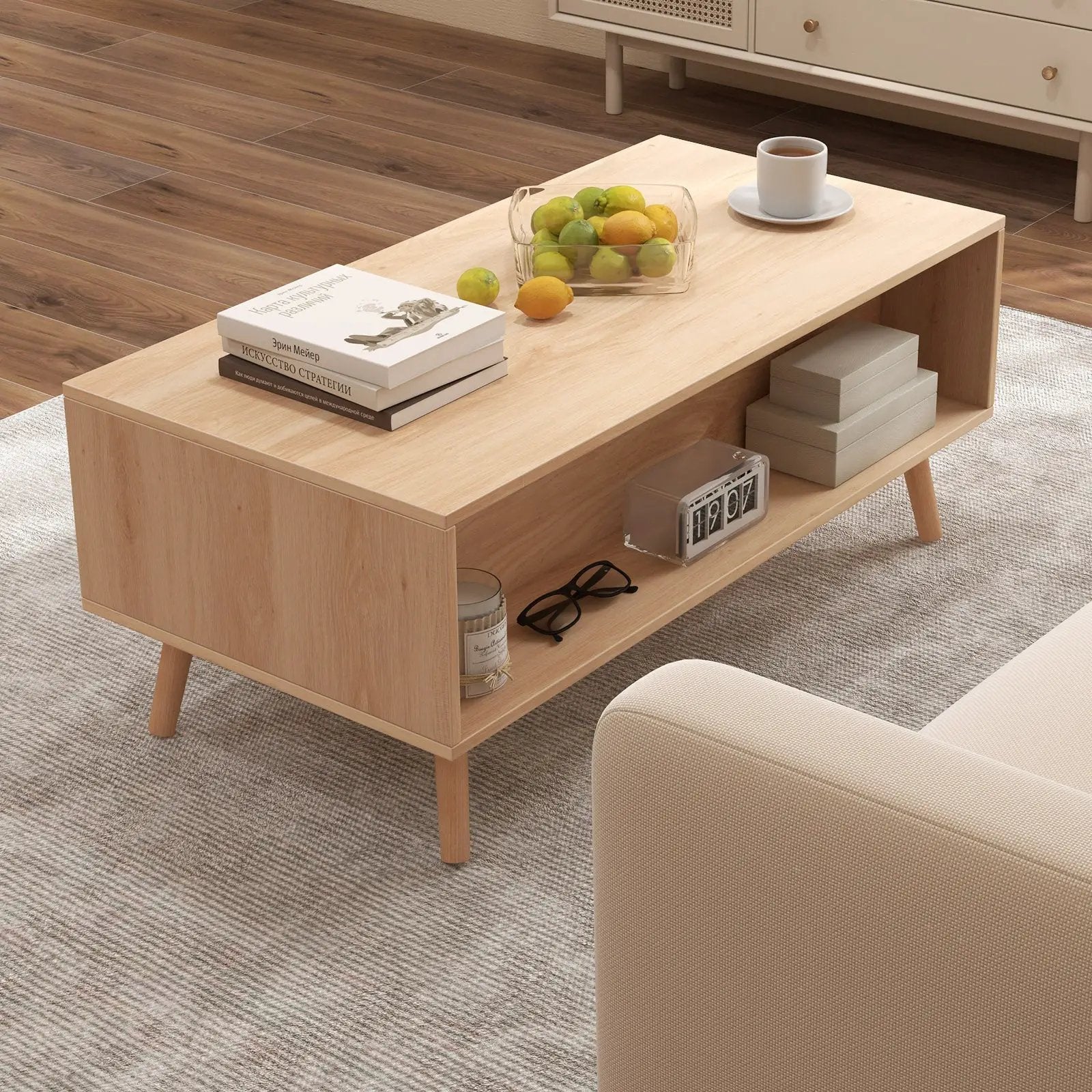 Rattan Coffee Table Mid Century Modern Center Table with 2 Storage Drawers-Natural by DirectDeals