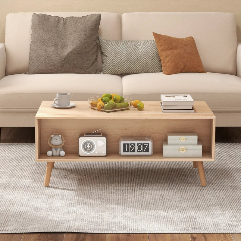 Rattan Coffee Table Mid Century Modern Center Table with 2 Storage Drawers-Natural by DirectDeals