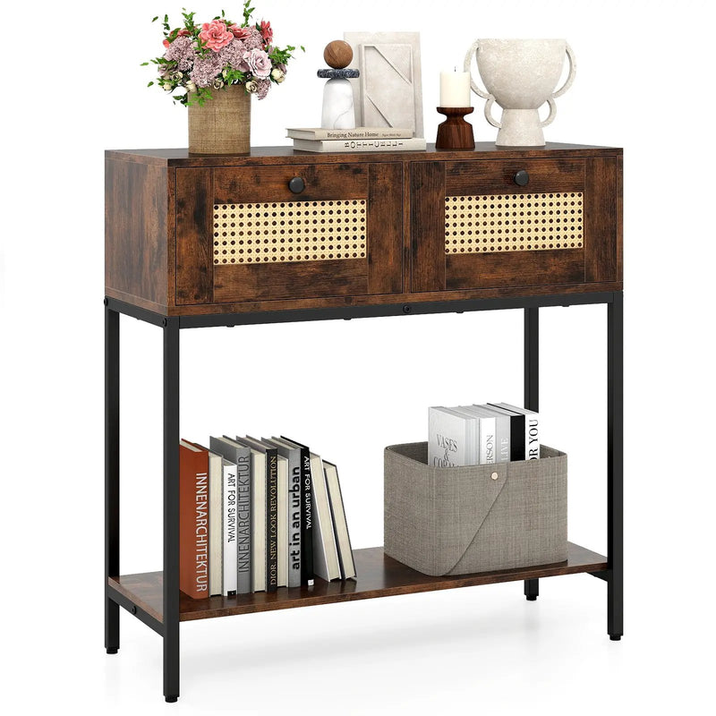 Rattan Console Table Boho Entryway Table with 2 Rattan Drawers and Open Storage Shelf by DirectDeals