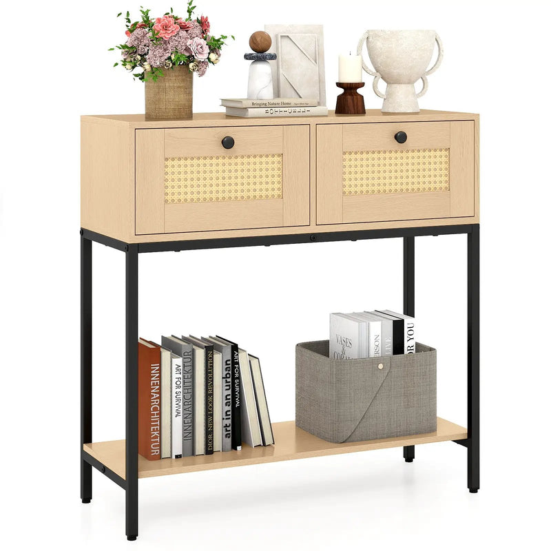 Rattan Console Table Boho Entryway Table with 2 Rattan Drawers and Open Storage Shelf by DirectDeals