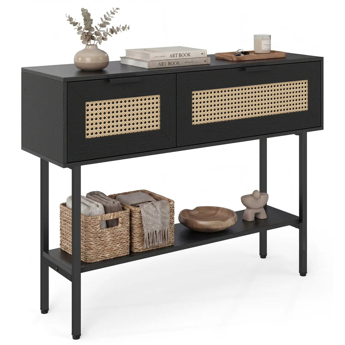 Rattan Console Table with 2 Storage Cabinets Shelf Carbon Steel Frame, photo 11 of 16