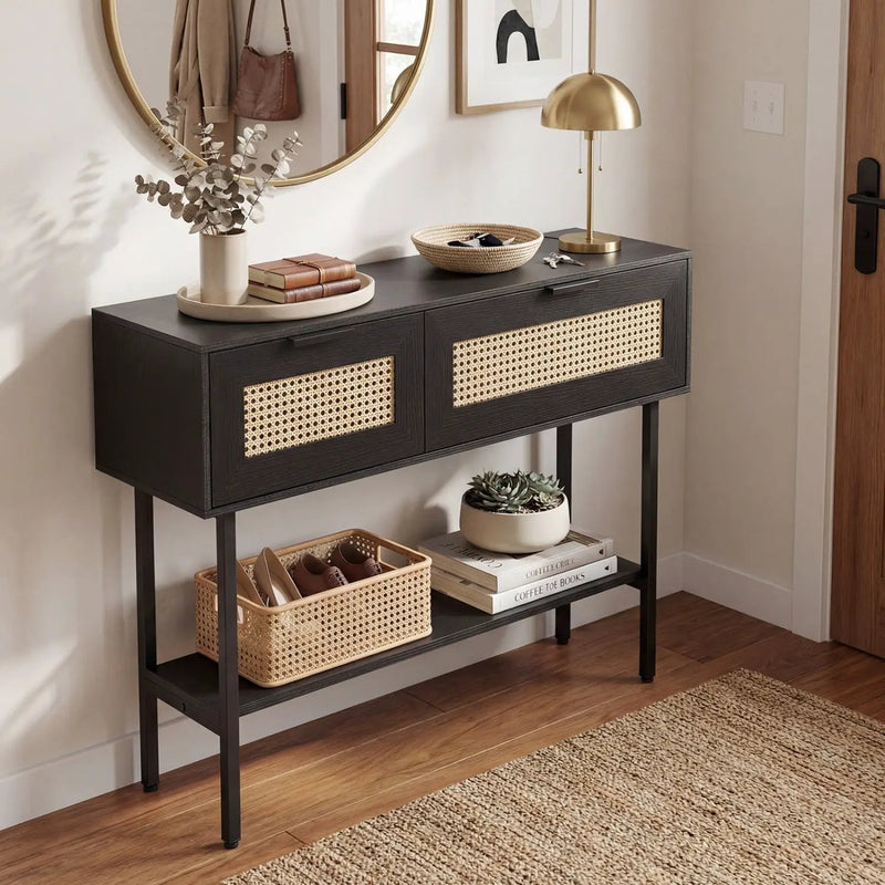 Rattan Console Table with 2 Storage Cabinets Shelf Carbon Steel Frame by DirectDeals