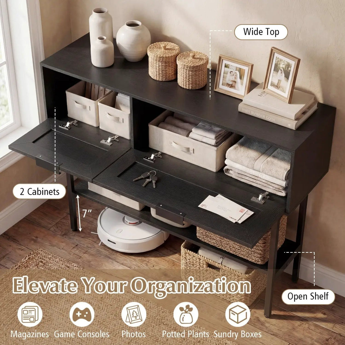 Rattan Console Table with 2 Storage Cabinets Shelf Carbon Steel Frame, photo 15 of 16