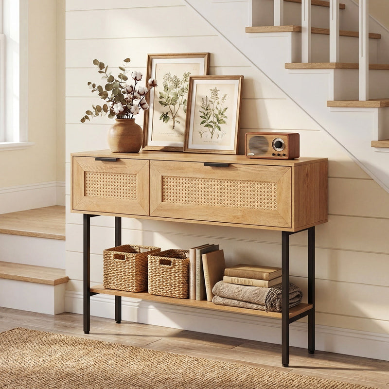 Rattan Console Table with 2 Storage Cabinets Shelf Carbon Steel Frame by DirectDeals
