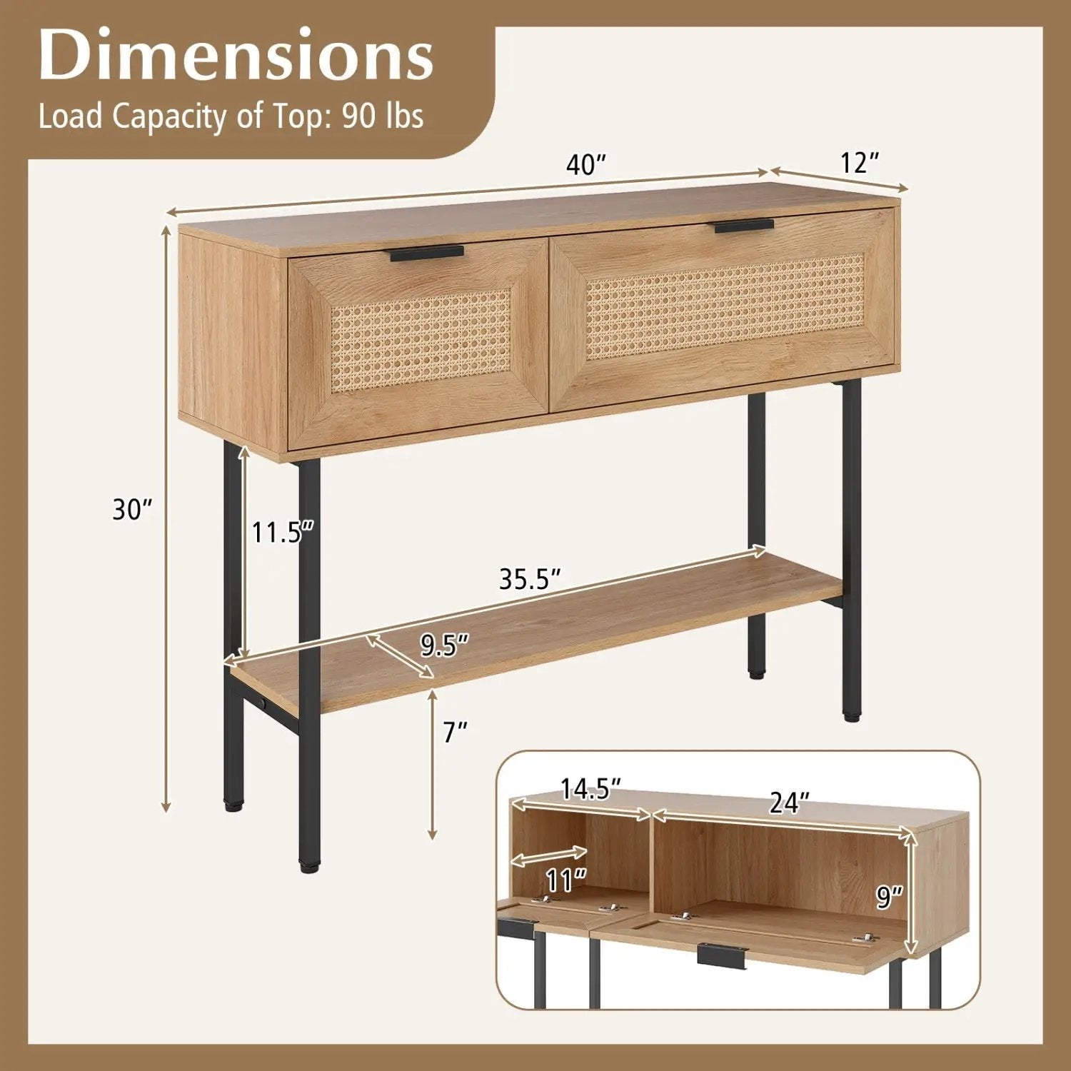 Rattan Console Table with 2 Storage Cabinets Shelf Carbon Steel Frame by DirectDeals