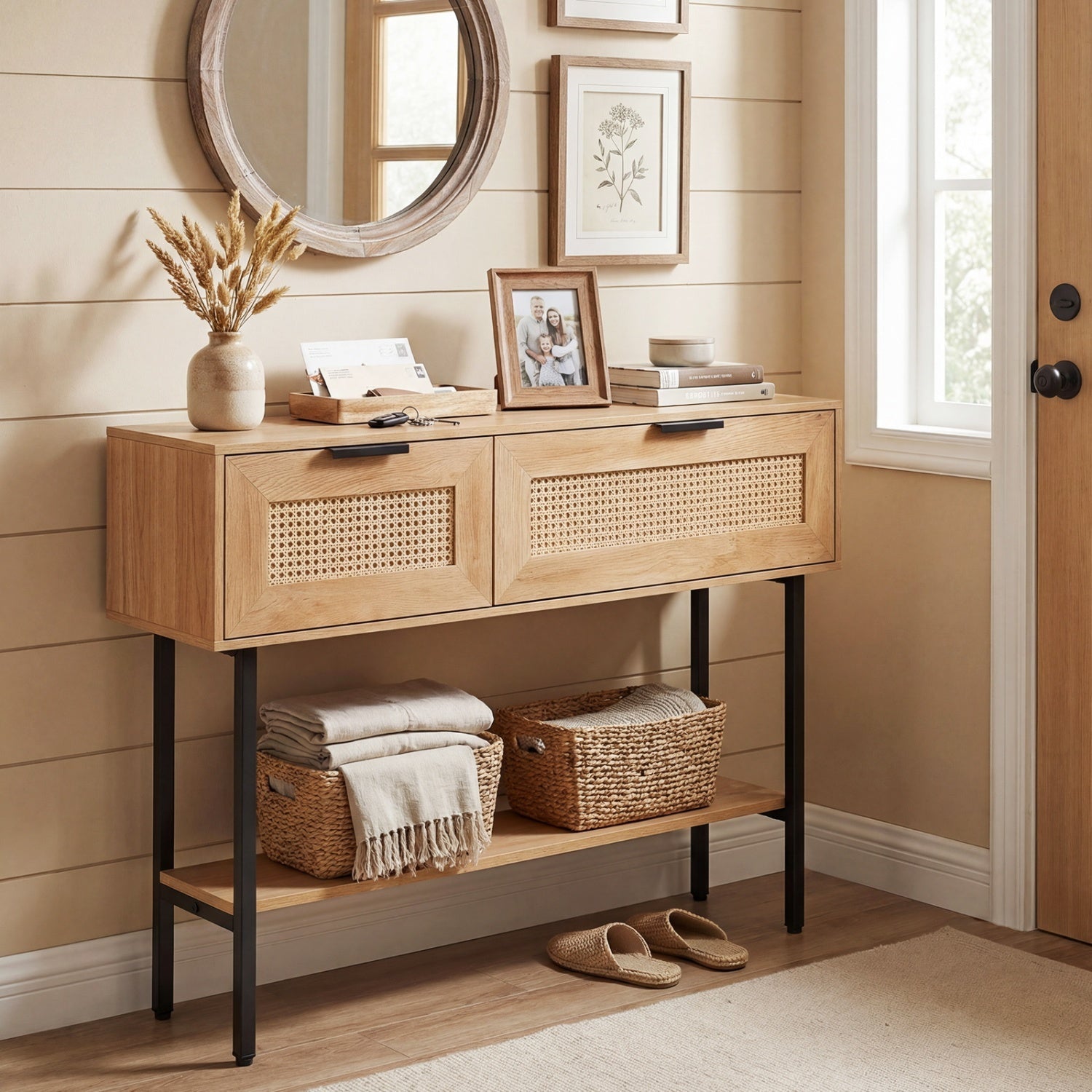Rattan Console Table with 2 Storage Cabinets Shelf Carbon Steel Frame by DirectDeals