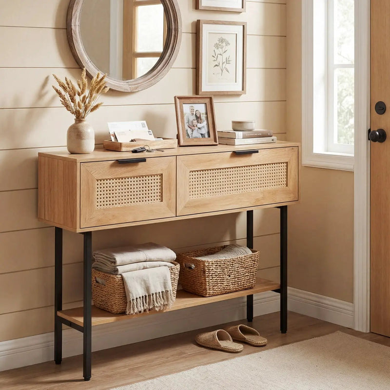 Rattan Console Table with 2 Storage Cabinets Shelf Carbon Steel Frame by DirectDeals