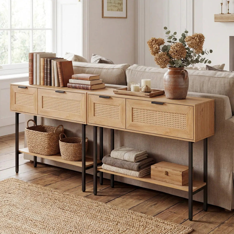 Rattan Console Table with 2 Storage Cabinets Shelf Carbon Steel Frame by DirectDeals