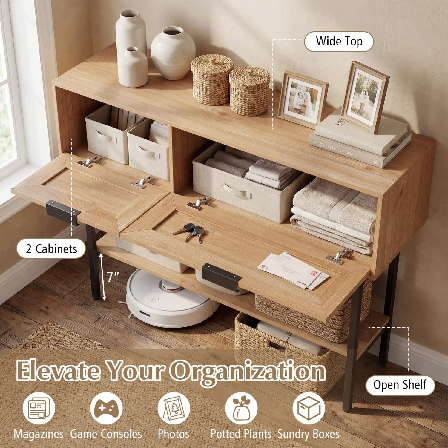 Rattan Console Table with 2 Storage Cabinets Shelf Carbon Steel Frame by DirectDeals