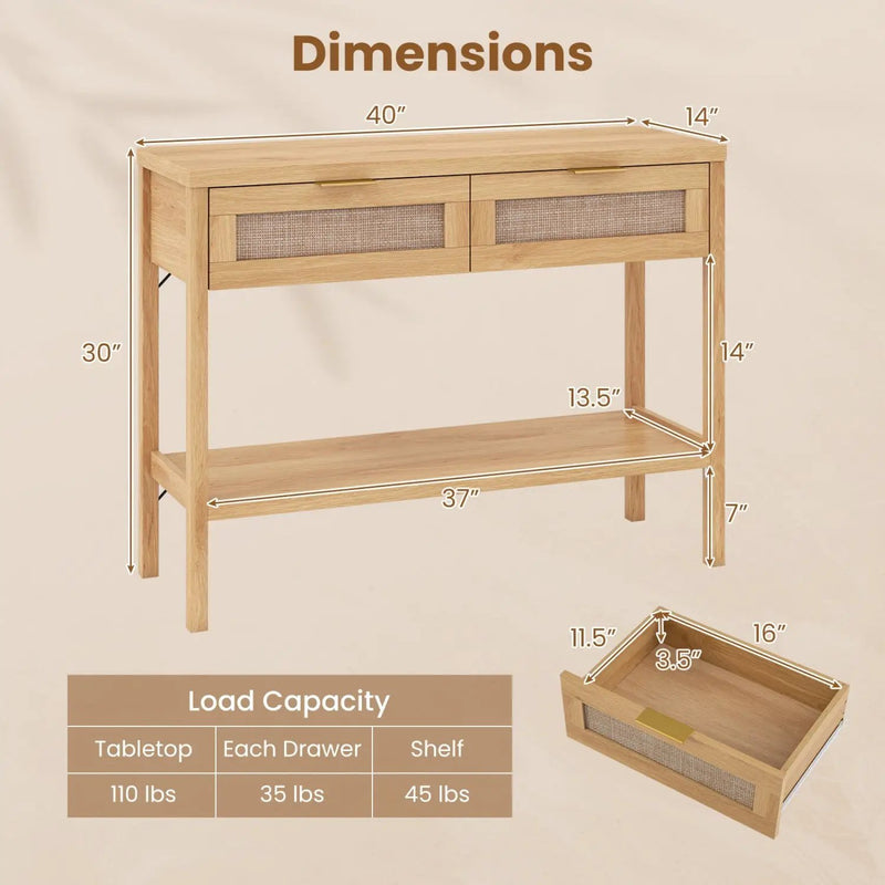 Rattan Console Table with 2 Drawers and Bottom Shelf by DirectDeals