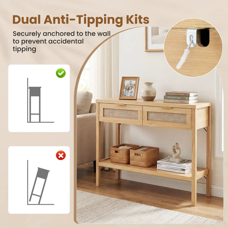 Rattan Console Table with 2 Drawers and Bottom Shelf by DirectDeals