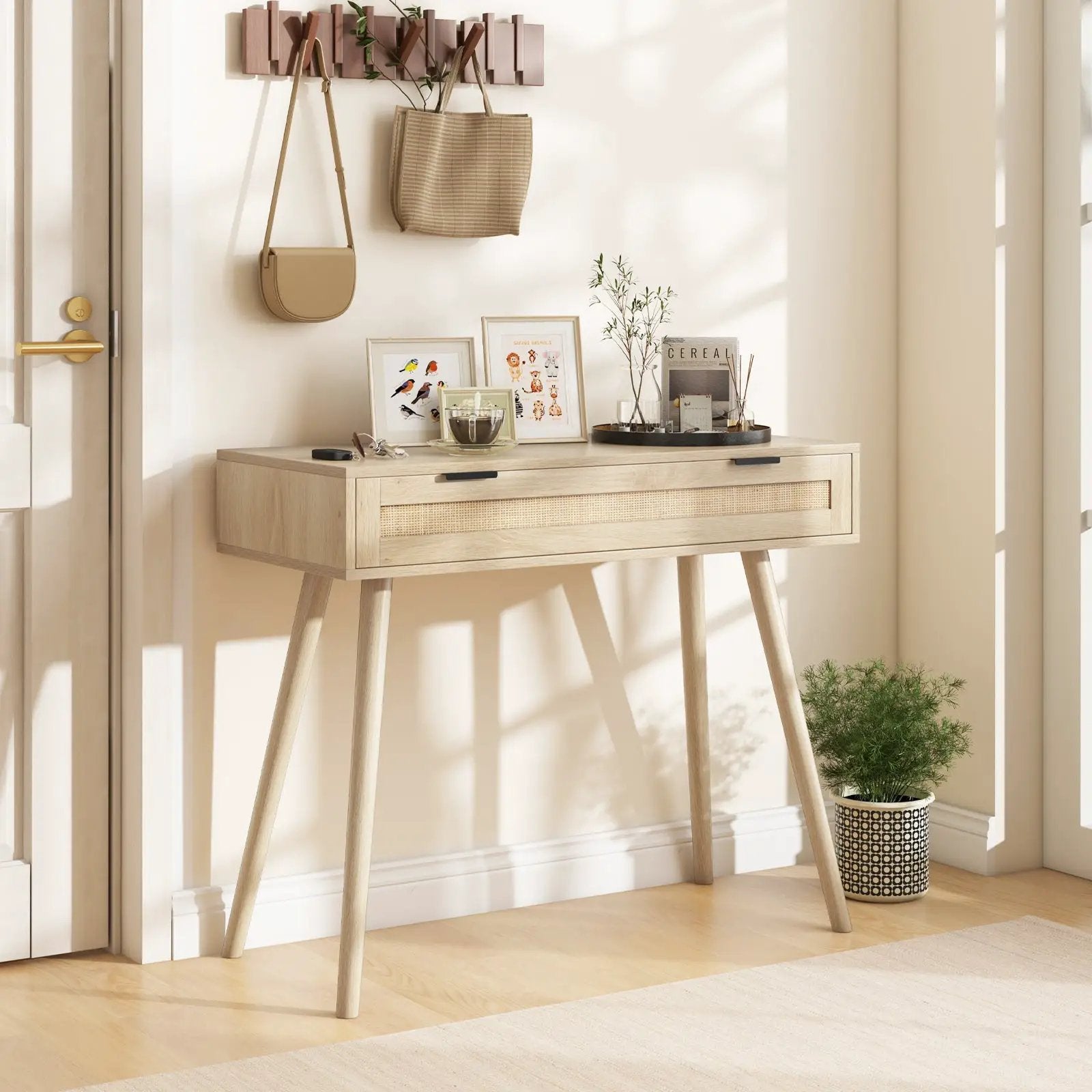 Rattan Console Table with Pull-out Drawer Boho Style Entryway Table-Natural by DirectDeals