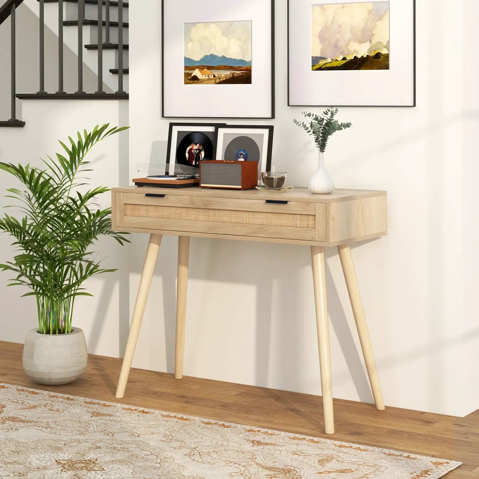 Rattan Console Table with Pull-out Drawer Boho Style Entryway Table-Natural by DirectDeals