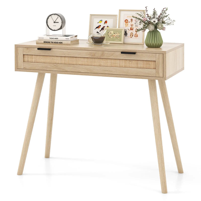 Rattan Console Table with Pull-out Drawer Boho Style Entryway Table-Natural by DirectDeals