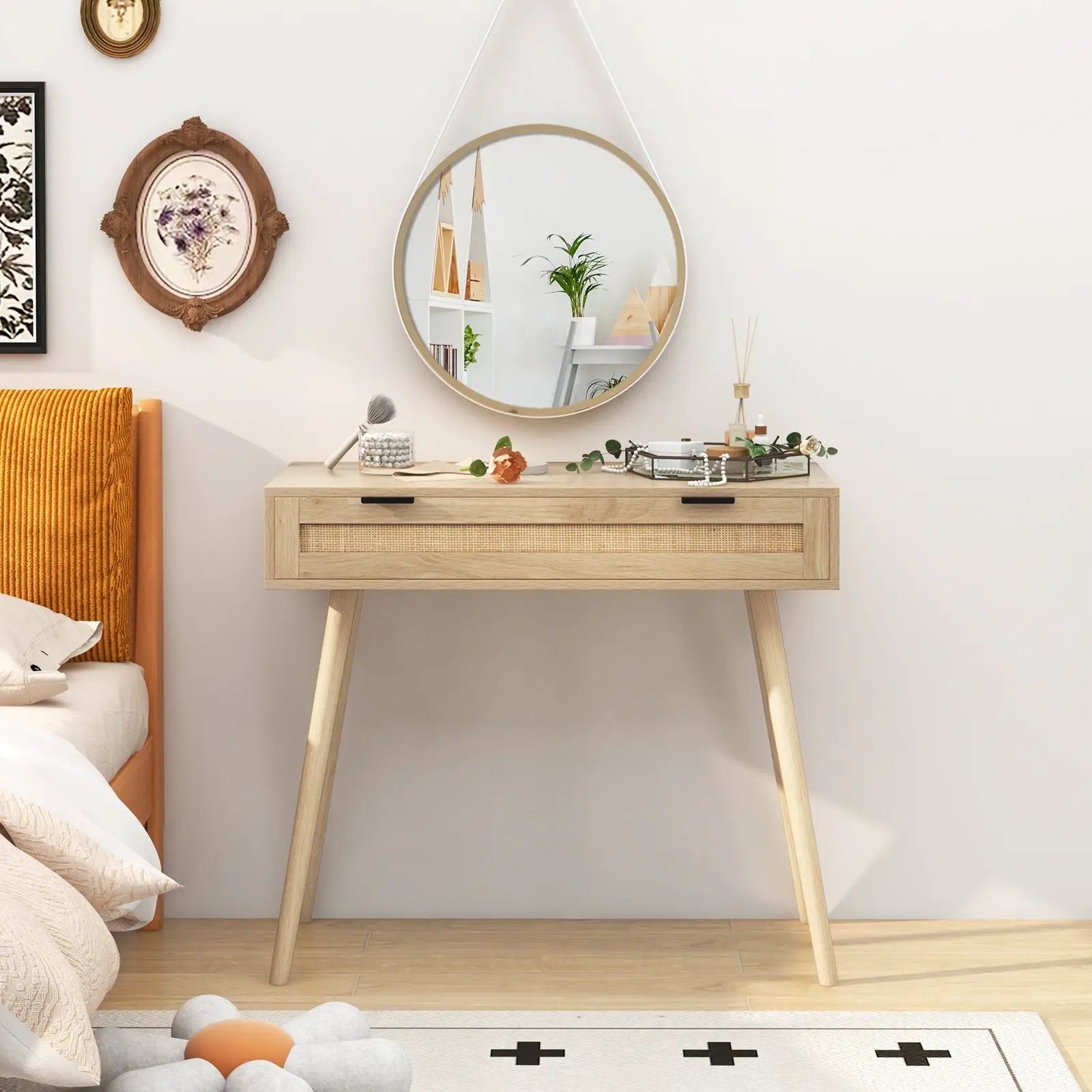 Rattan Console Table with Pull-out Drawer Boho Style Entryway Table-Natural by DirectDeals