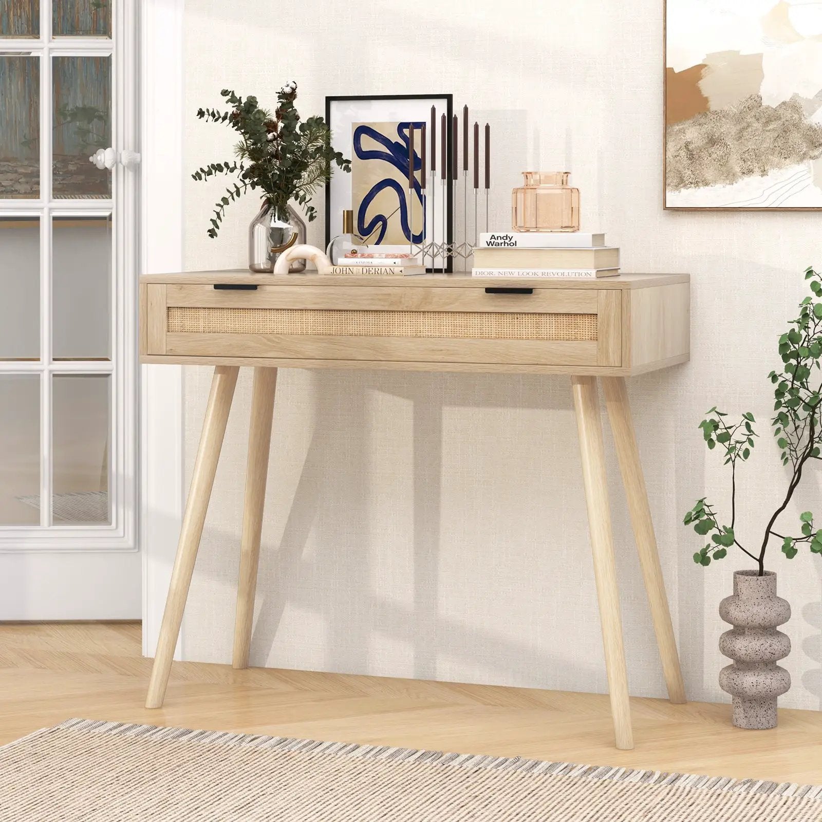 Rattan Console Table with Pull-out Drawer Boho Style Entryway Table-Natural by DirectDeals