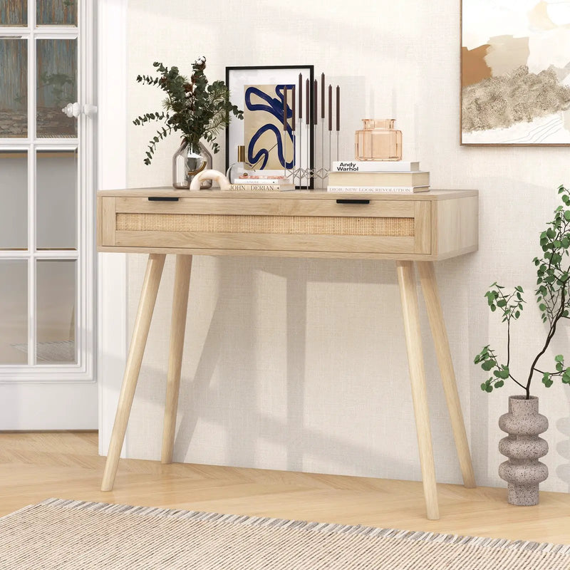 Rattan Console Table with Pull-out Drawer Boho Style Entryway Table-Natural by DirectDeals