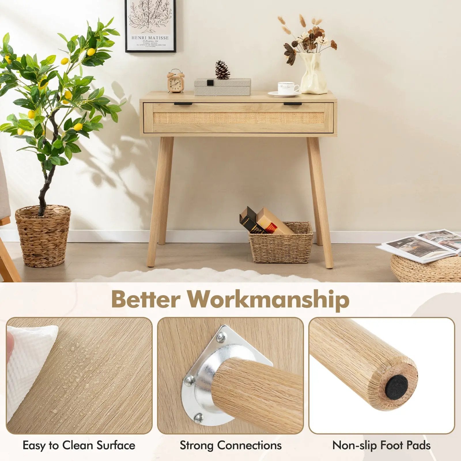 Rattan Console Table with Pull-out Drawer Boho Style Entryway Table-Natural by DirectDeals