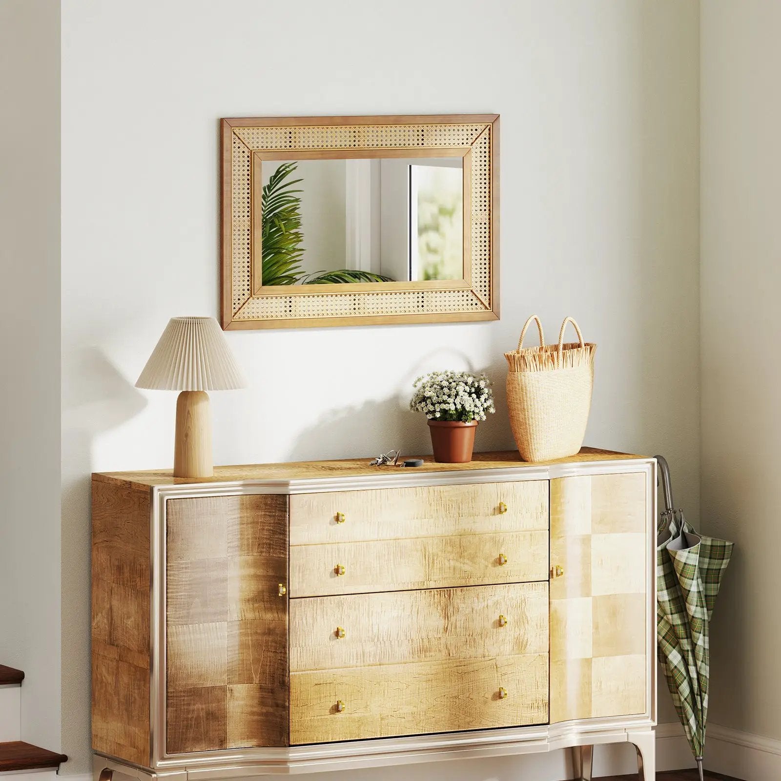 Rattan Decorative Wall Mirror with Wooden Frame for Bathroom and Living Room-Natural by DirectDeals