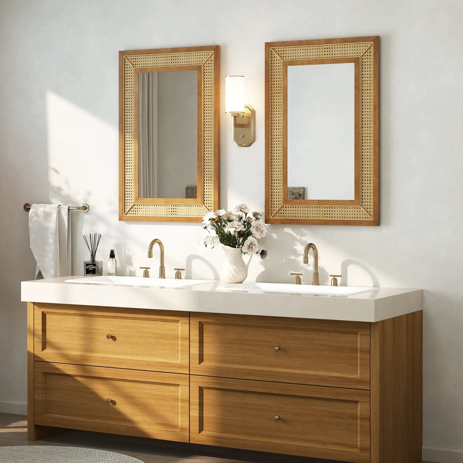 Rattan Decorative Wall Mirror with Wooden Frame for Bathroom and Living Room-Natural by DirectDeals