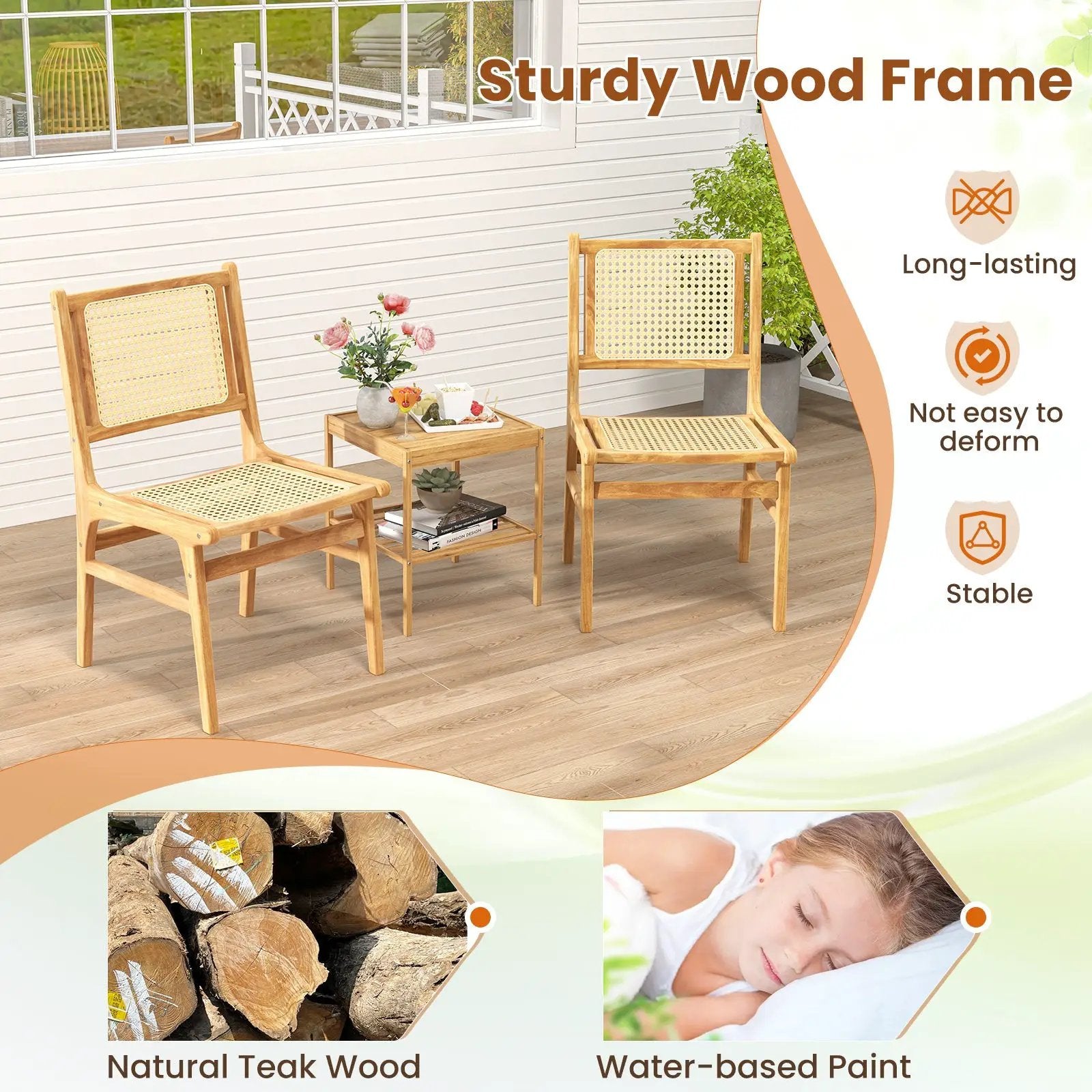 Rattan Dining Chair with Natural Cane Woven Backrest and Teak Wood Frame by DirectDeals