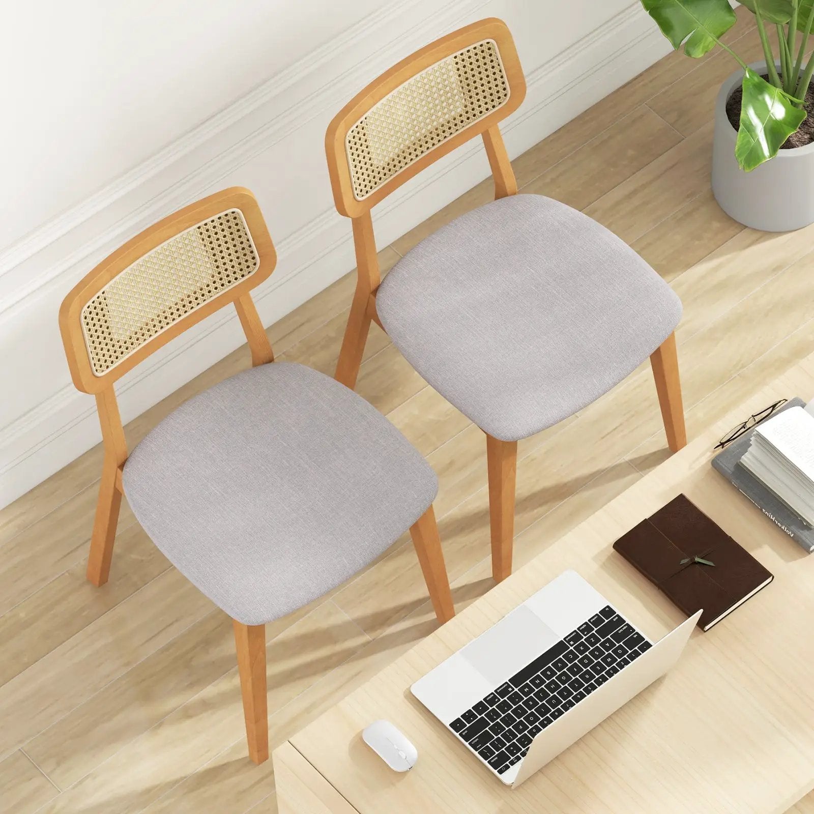 Rattan Dining Chair Set of 2 with Can Back and Rubber Wood Frame-Natural by DirectDeals