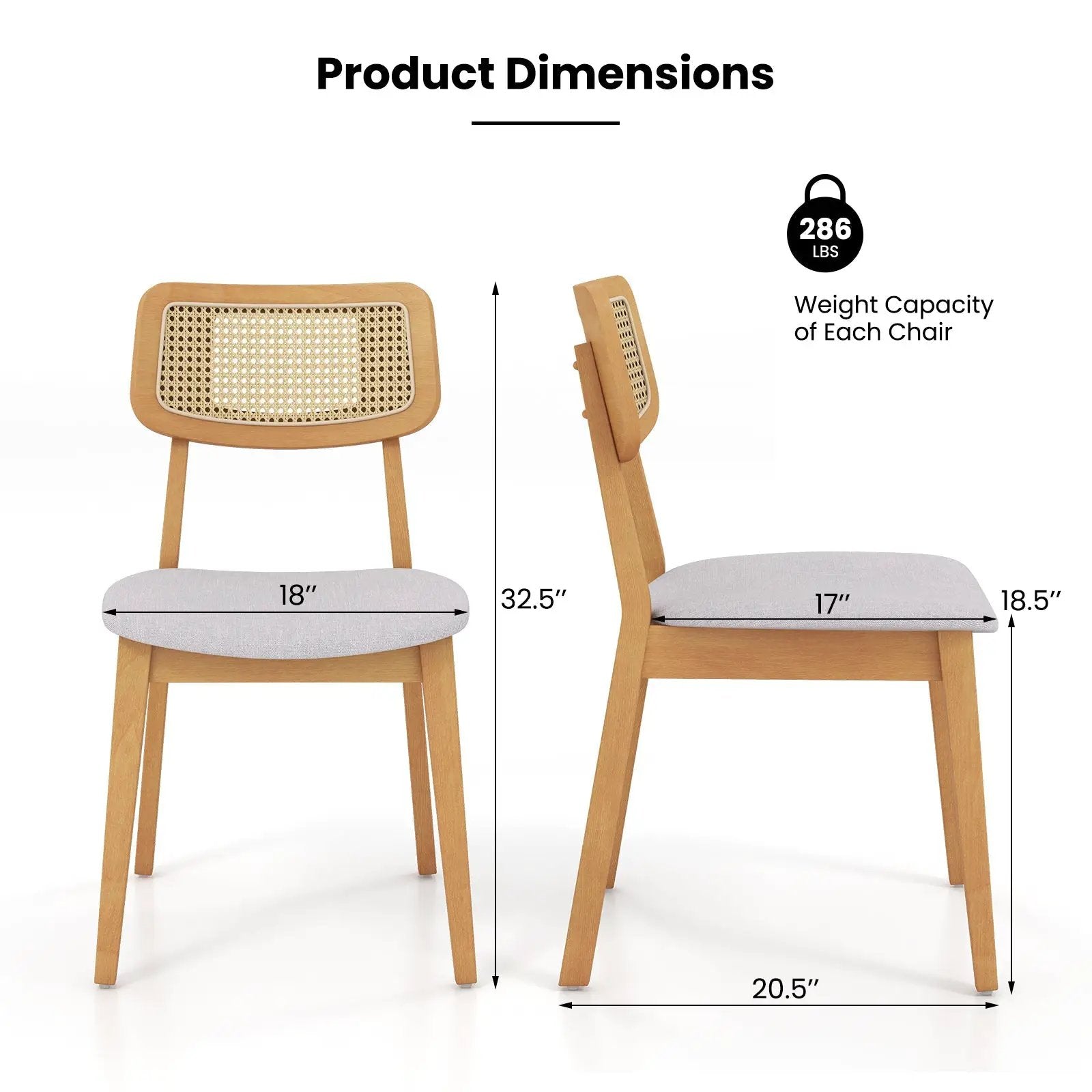 Rattan Dining Chair Set of 2 with Can Back and Rubber Wood Frame-Natural by DirectDeals