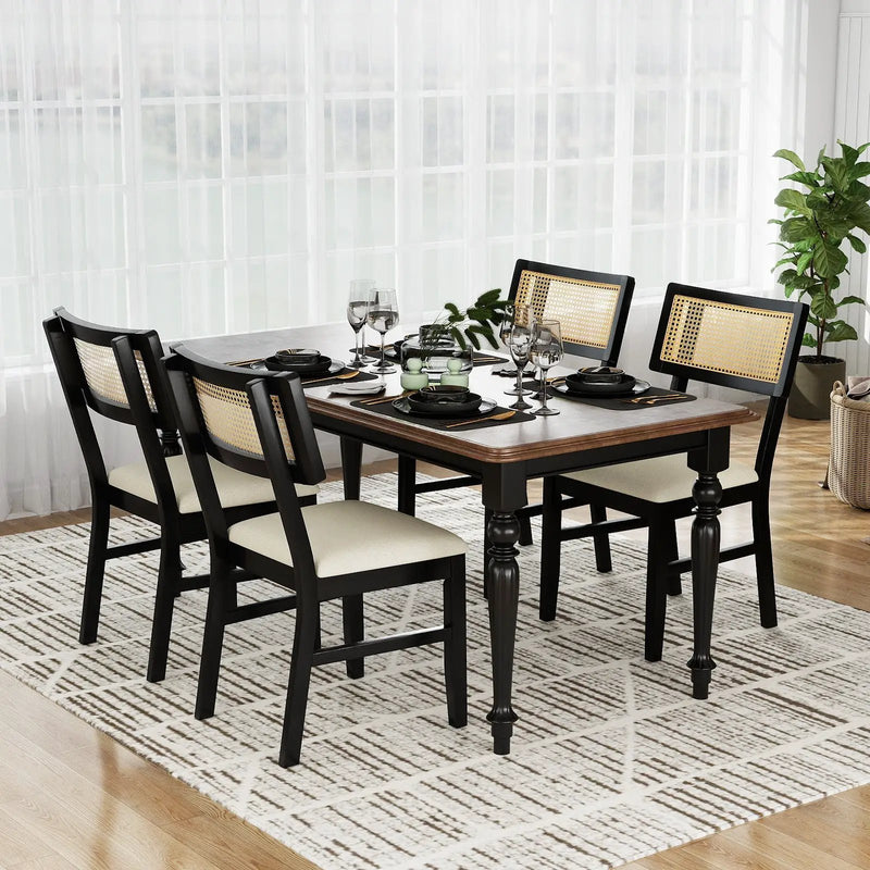 Rattan Dining Chairs Set of 4 Fabric Upholstered Kitchen Chairs with Padded Seat and Rubber Wood Legs-Black by DirectDeals