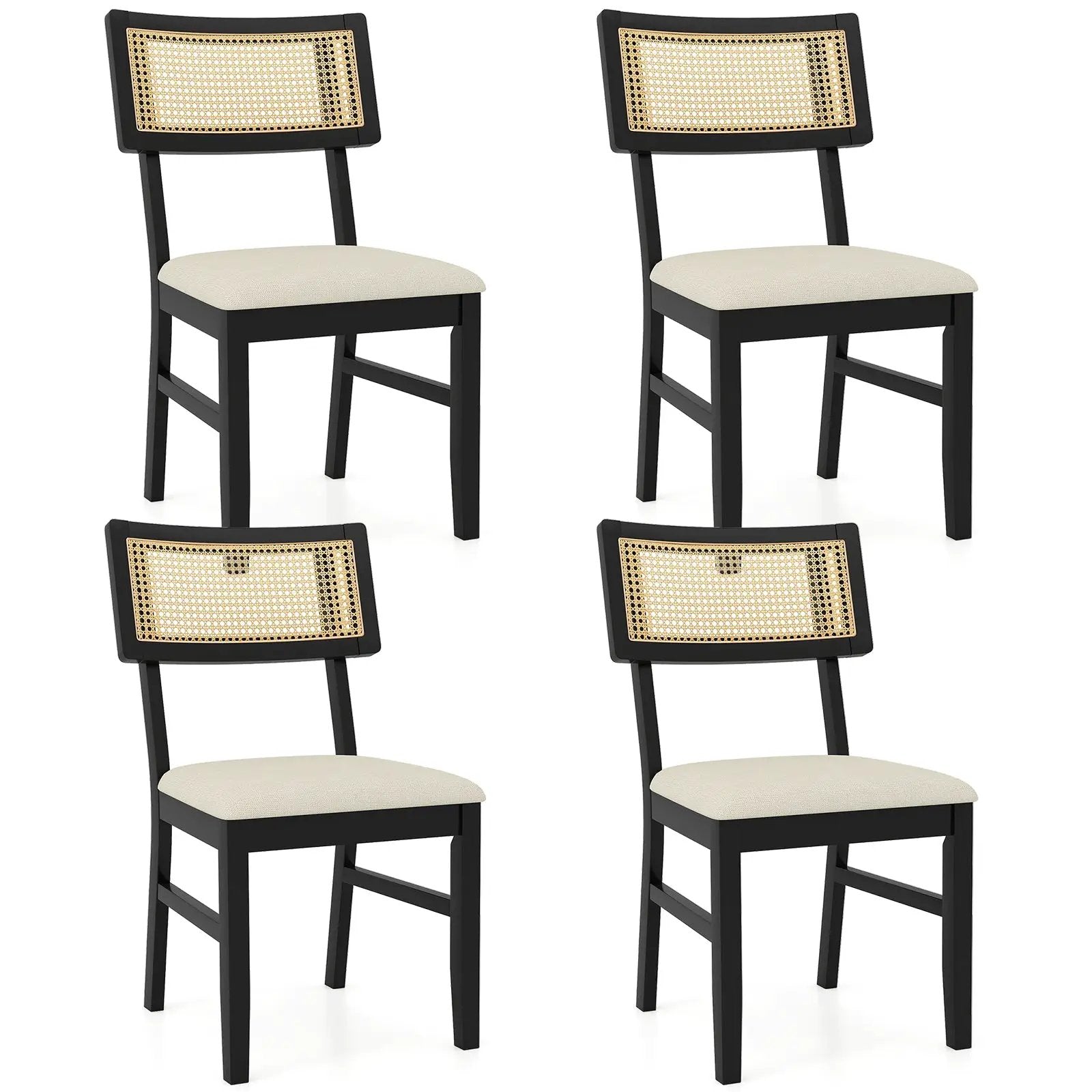 Rattan Dining Chairs Set of 4 Fabric Upholstered Kitchen Chairs with Padded Seat and Rubber Wood Legs-Black by DirectDeals