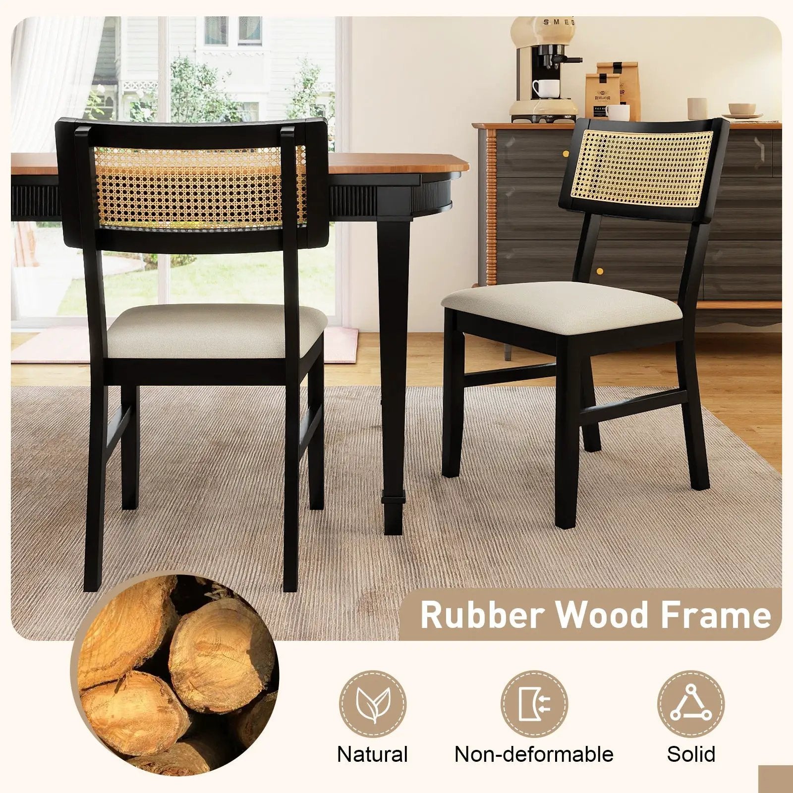 Rattan Dining Chairs Set of 4 Fabric Upholstered Kitchen Chairs with Padded Seat and Rubber Wood Legs-Black by DirectDeals