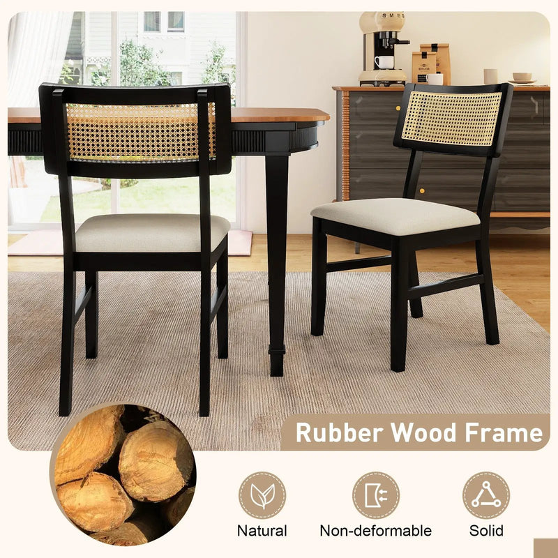 Rattan Dining Chairs Set of 4 Fabric Upholstered Kitchen Chairs with Padded Seat and Rubber Wood Legs-Black by DirectDeals