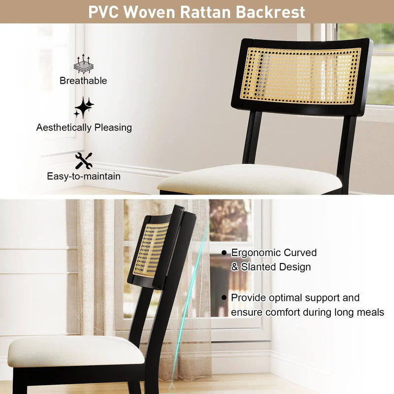 Rattan Dining Chairs Set of 4 Fabric Upholstered Kitchen Chairs with Padded Seat and Rubber Wood Legs-Black by DirectDeals