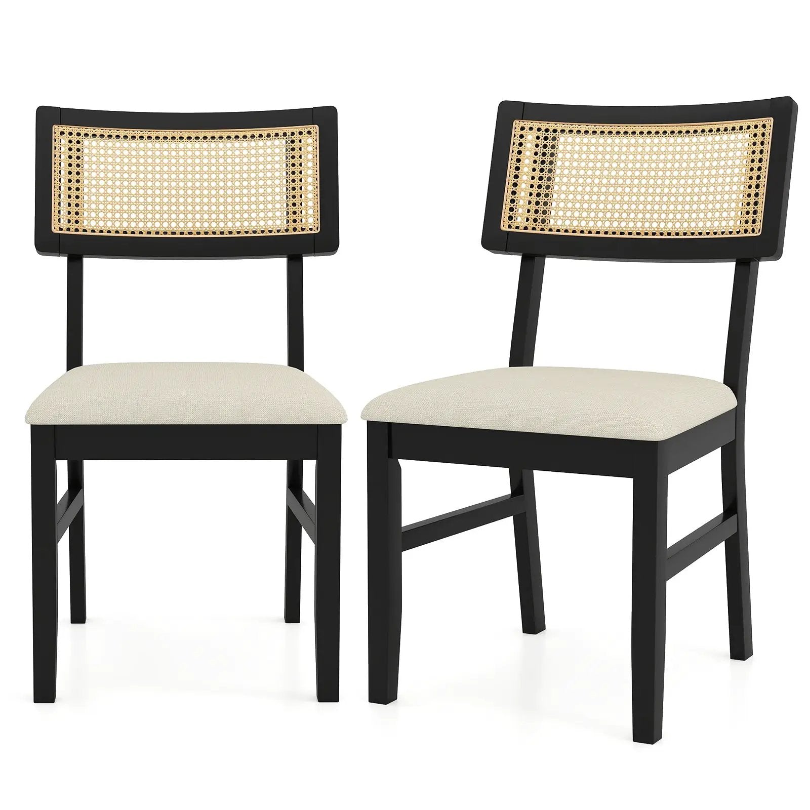 Rattan Dining Chairs Set of 2 Fabric Upholstered Kitchen Chairs with Padded Seat and Rubber Wood Legs-Black by DirectDeals