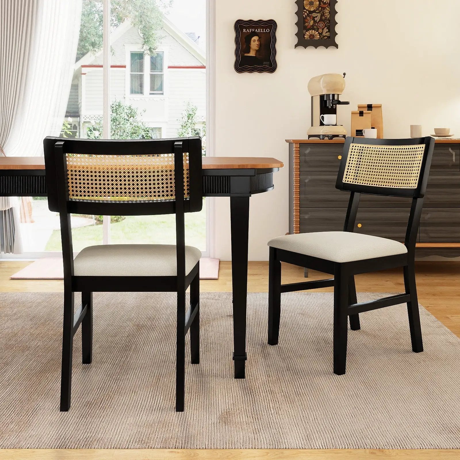 Rattan Dining Chairs Set of 2 Fabric Upholstered Kitchen Chairs with Padded Seat and Rubber Wood Legs-Black by DirectDeals