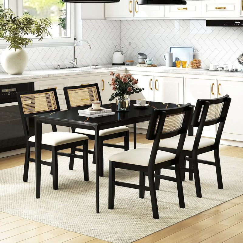 Rattan Dining Chairs Set of 2 Fabric Upholstered Kitchen Chairs with Padded Seat and Rubber Wood Legs-Black by DirectDeals