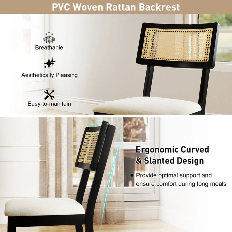 Rattan Dining Chairs Set of 2 Fabric Upholstered Kitchen Chairs with Padded Seat and Rubber Wood Legs-Black by DirectDeals