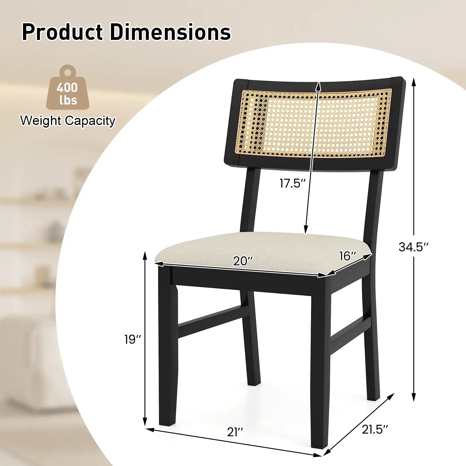 Rattan Dining Chairs Set of 2 Fabric Upholstered Kitchen Chairs with Padded Seat and Rubber Wood Legs-Black by DirectDeals