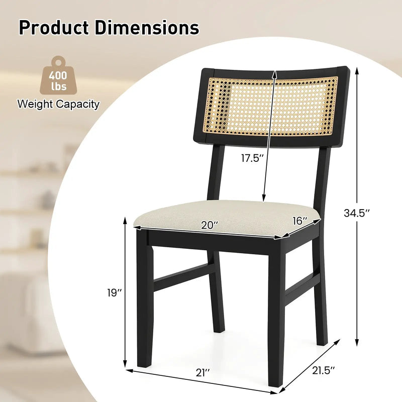Rattan Dining Chairs Set of 2 Fabric Upholstered Kitchen Chairs with Padded Seat and Rubber Wood Legs-Black by DirectDeals