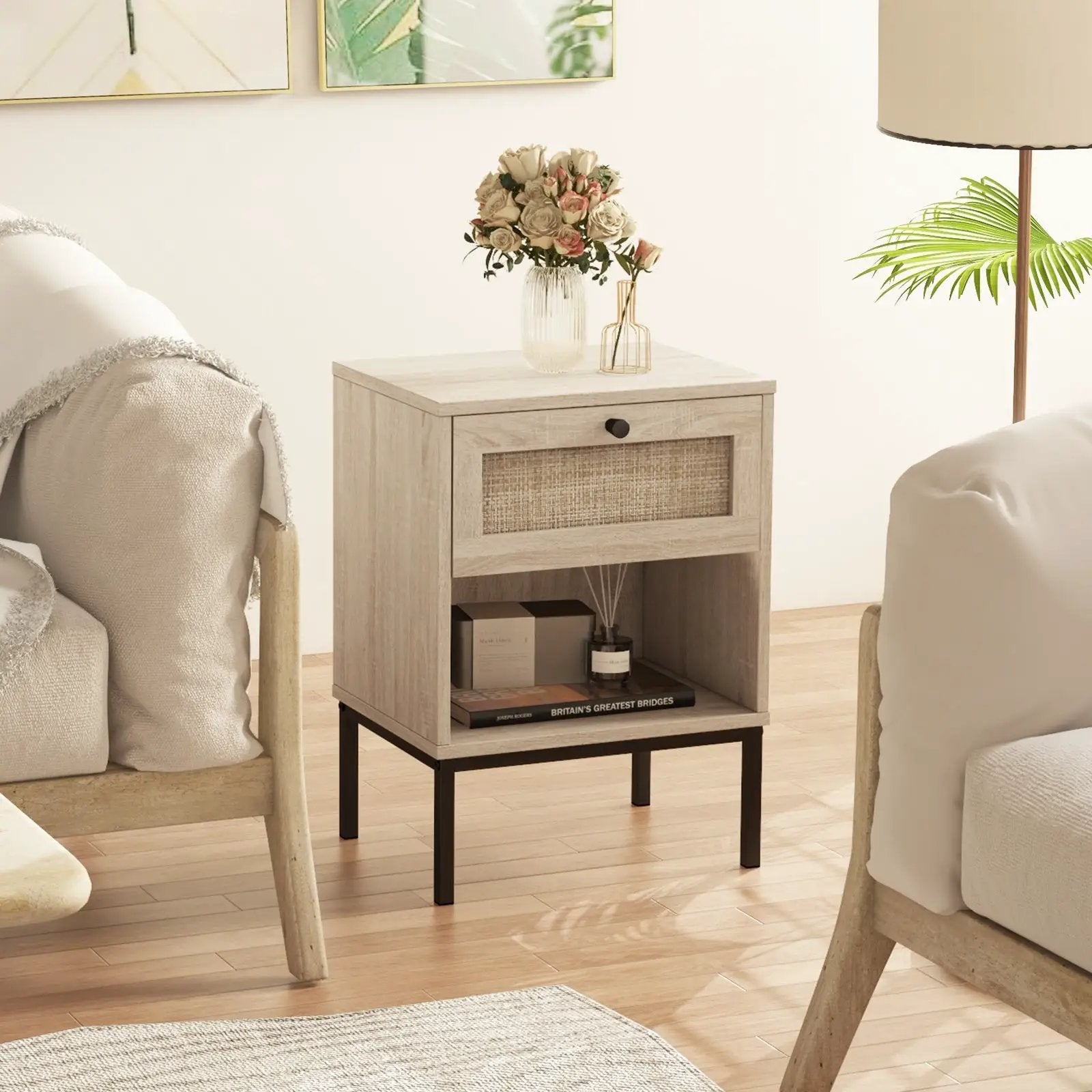 Rattan Nightstand Boho End Table with Rattan Drawer and Open Shelf by DirectDeals