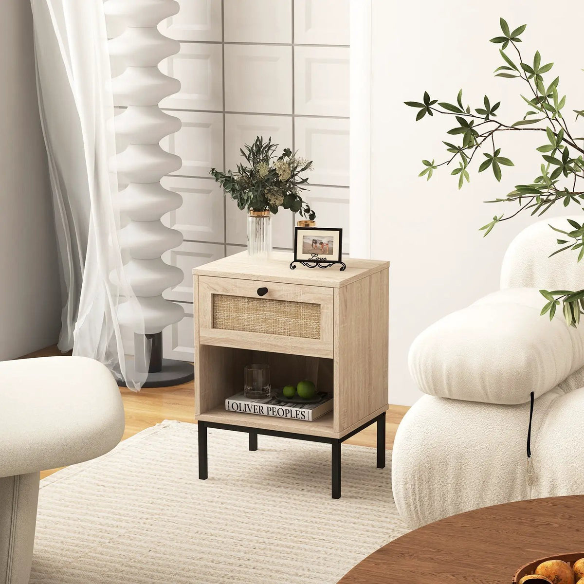 Rattan Nightstand Boho End Table with Rattan Drawer and Open Shelf, photo 4 of 24
