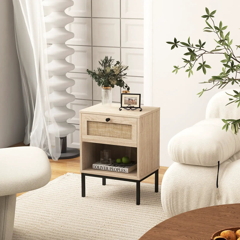 Rattan Nightstand Boho End Table with Rattan Drawer and Open Shelf by DirectDeals