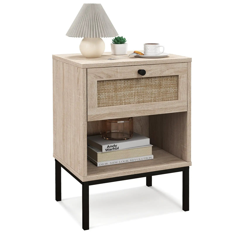 Rattan Nightstand Boho End Table with Rattan Drawer and Open Shelf by DirectDeals