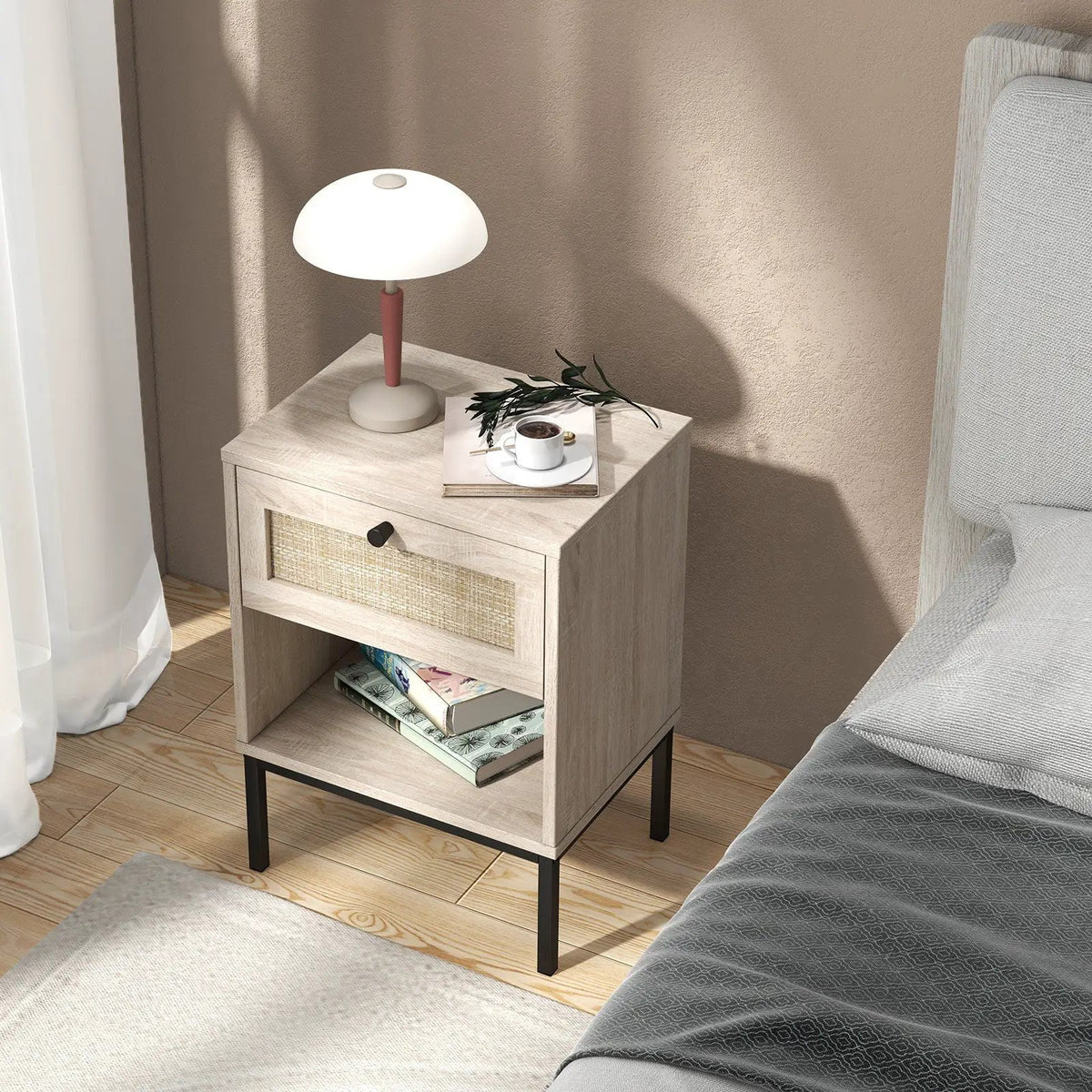 Rattan Nightstand Boho End Table with Rattan Drawer and Open Shelf, photo 17 of 24