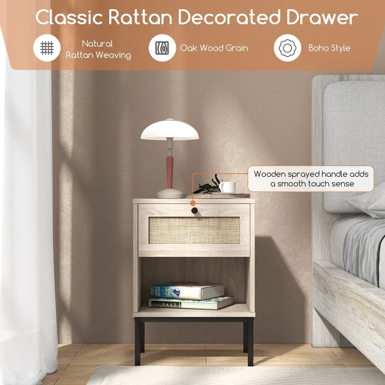 Rattan Nightstand Boho End Table with Rattan Drawer and Open Shelf by DirectDeals