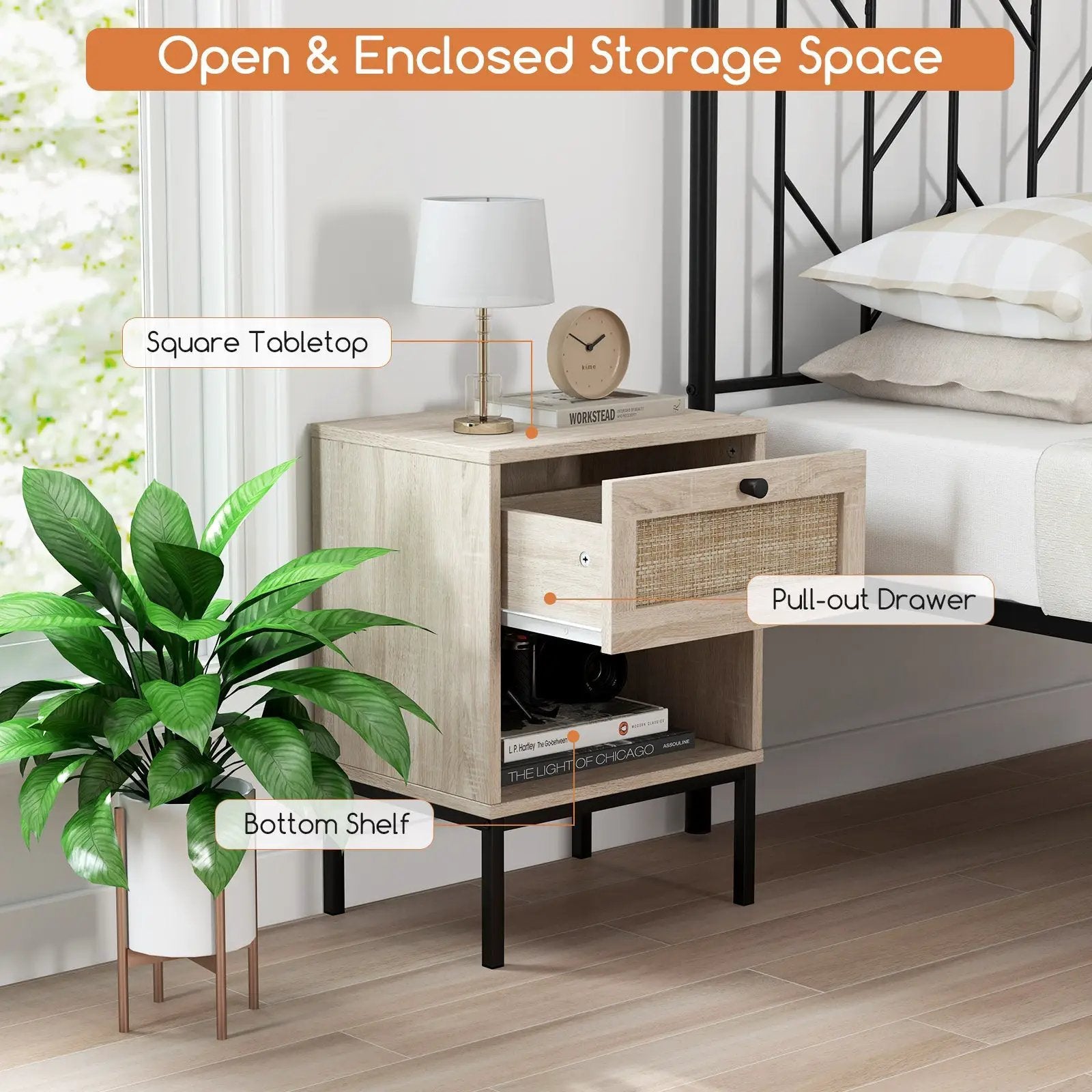 Rattan Nightstand Boho End Table with Rattan Drawer and Open Shelf by DirectDeals