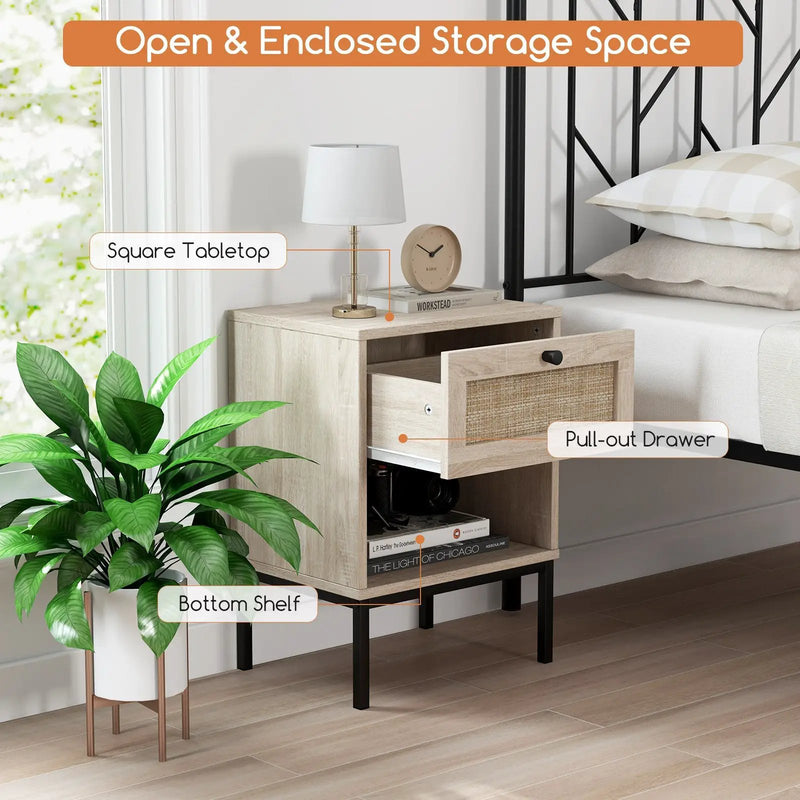 Rattan Nightstand Boho End Table with Rattan Drawer and Open Shelf by DirectDeals
