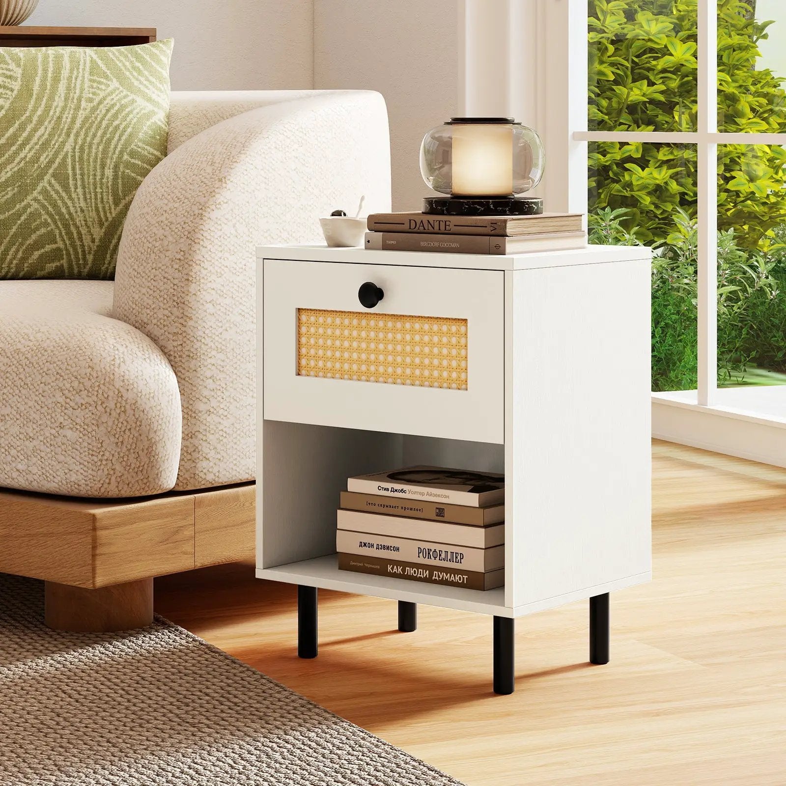 Rattan Nightstand Boho End Table with Rattan Drawer and Open Shelf Set of 2 by DirectDeals